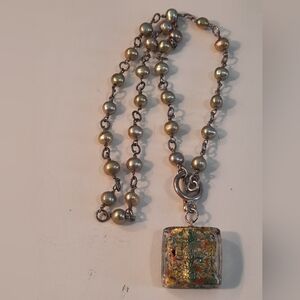 Sterling Silver With Fresh Water Green Pearls And Murano Glass Pendant